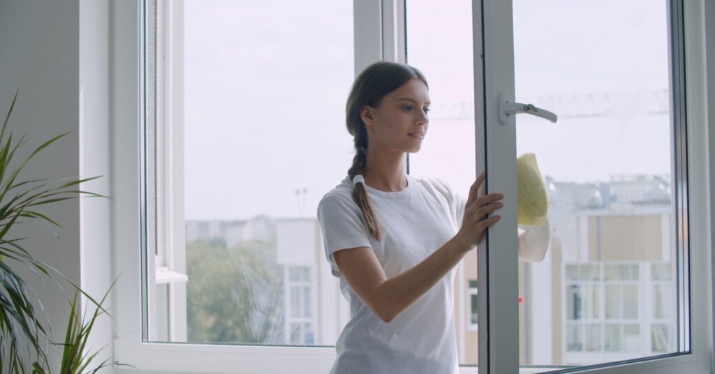 A young lady cleaning a window using a Microfiber Cloth